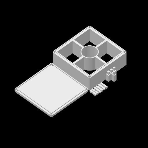 Render de la placa 1: la base con el hueco del portalámparas, la tapa, las patas y los enganches