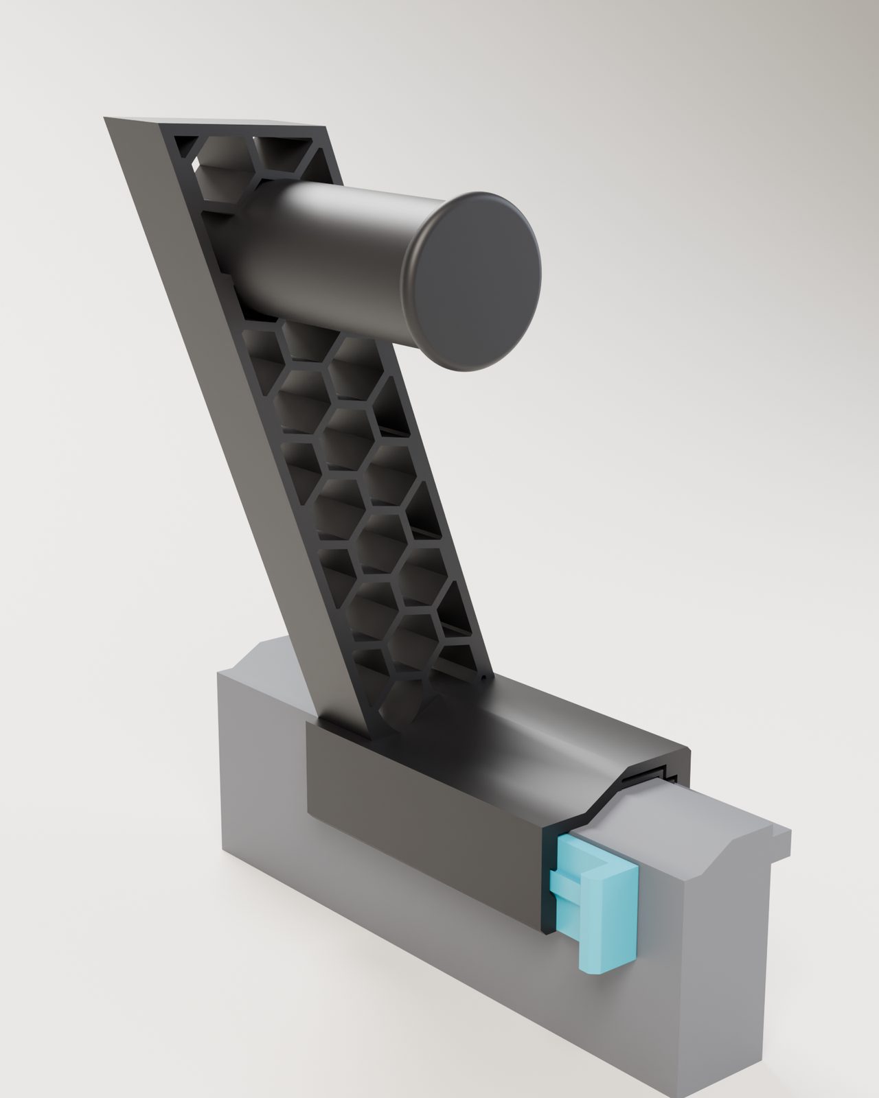 Render de la versión sin rodamientos del soporte v2 enganchada en un trozo del lateral de la Centauri Carbon 2, con la cuña en azul